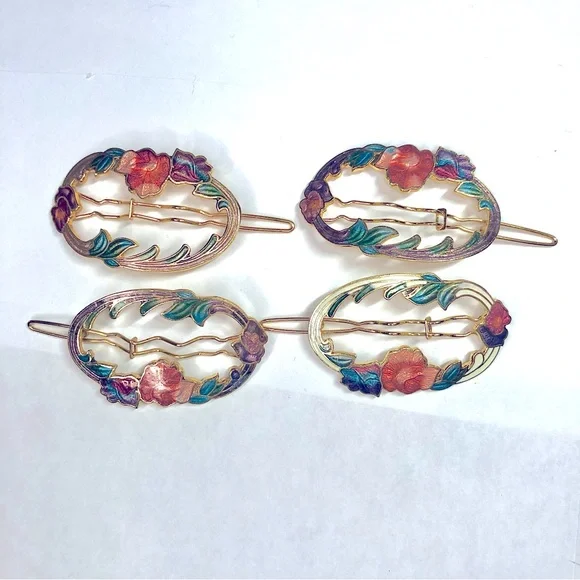 Vintage Cloisonne Hair Barrette Gold Tone colorful enamel floral hair pin Vintage Cloisonne Enamel Floral Rose Hair Combs Sold  main image 3